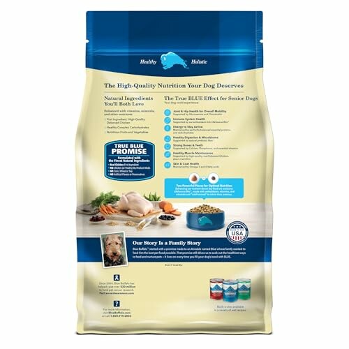 Back of Blue Buffalo dog food bag with nutritional information and images.