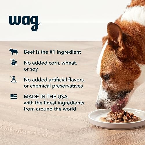 Dog eating beef dish with product benefits listed