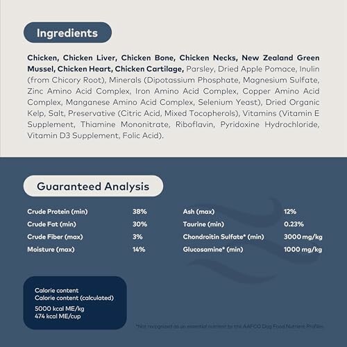 Dog food nutritional ingredients and guaranteed analysis chart.