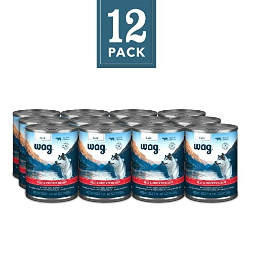 12-pack of Wag beef and chicken recipe dog food cans.