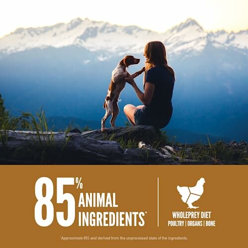 Woman with dog sitting on mountain ledge with scenic view, 85% animal ingredients highlighted